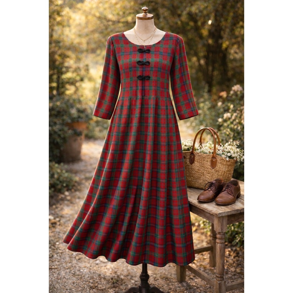 Sarah Elizabeth Vintage Red‎ Plaid Rayon Maxi Dress Frog Closures Womens 16